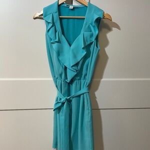 Diane von Furstenberg Turquoise Ruffle Front Sleeveless Belted Dress